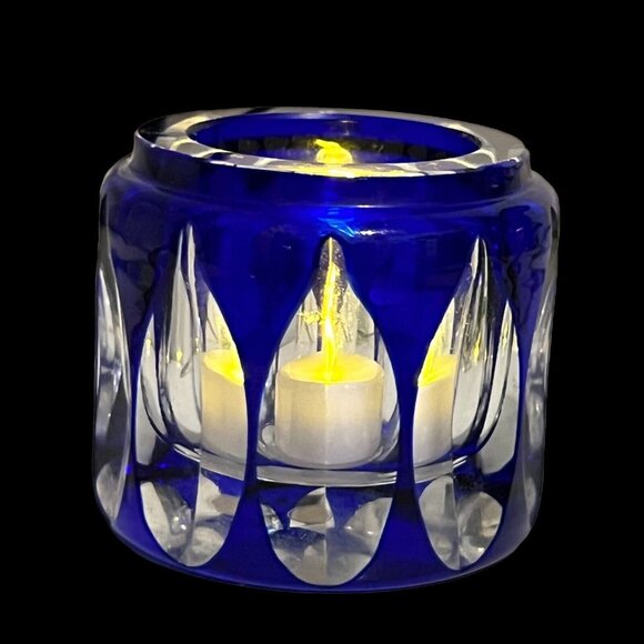 VTG PLATA LAPPAS Hand Blown Cut to Clear Crystal Cobalt Blue Candle Holder Jar - Picture 3 of 10